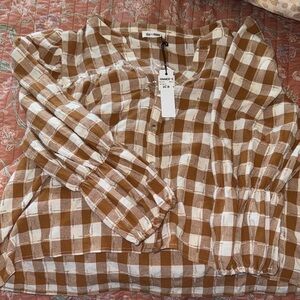 Brown and White Plaid Blouse